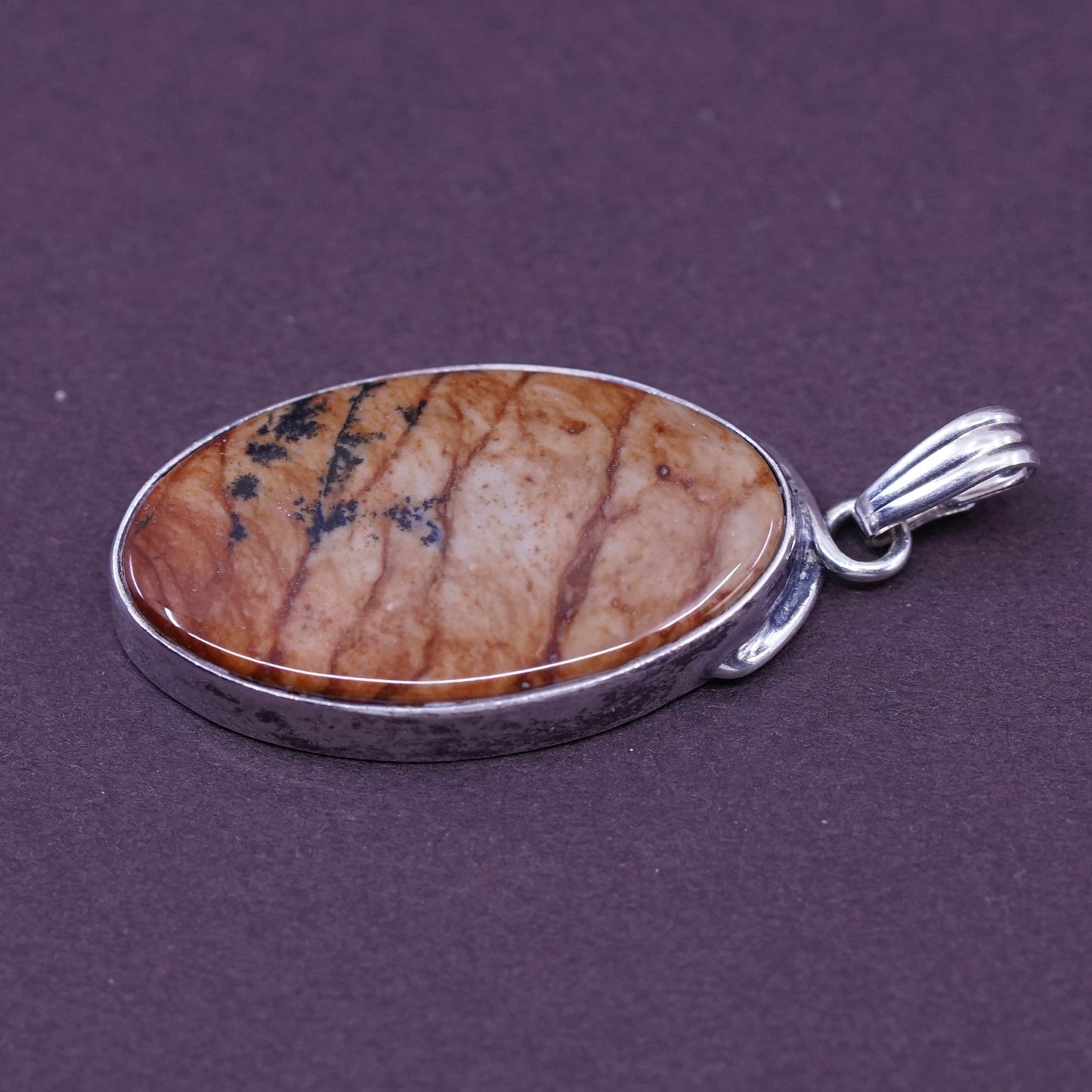 Vintage Sterling 925 silver handmade pendant with stripy landscape jasper