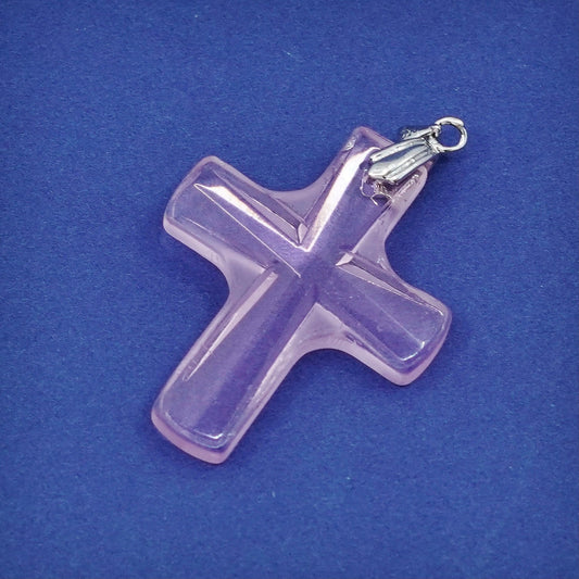 Vintage silver tone handmade pendant with pink resin cross