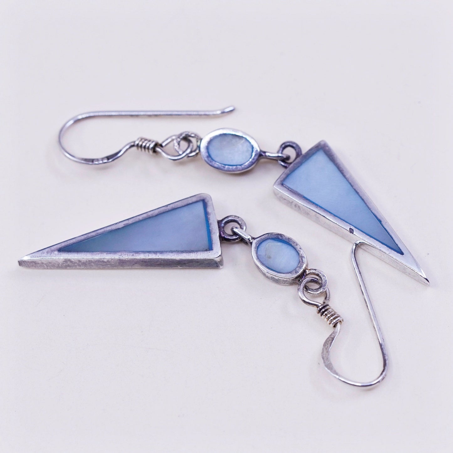 Vintage sterling 925 silver handmade earrings with triangular blue mother of pearl drop, stamped 925