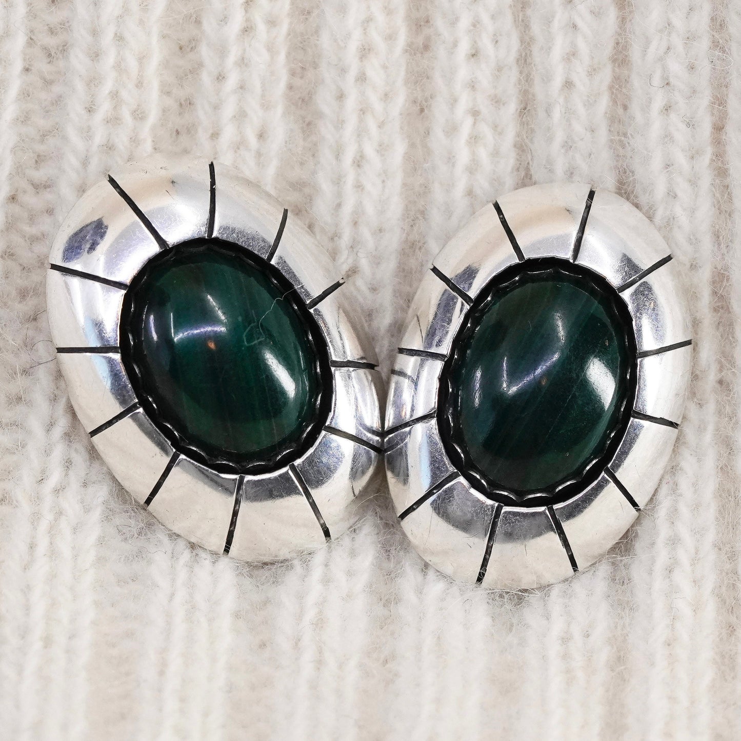 vtg Sterling 925 silver Carolyn Pollack Relios earrings, oval studs malachite