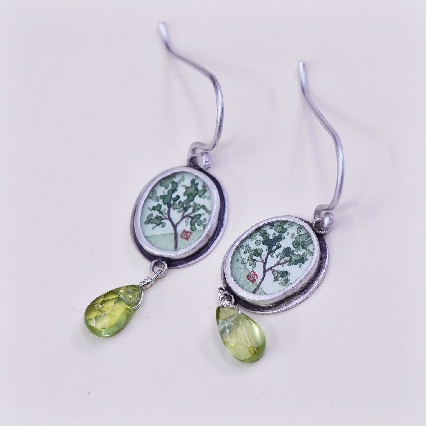 Designer Ananda KHALSA Sterling 925 silver handmade earrings, watercolor green spring maple and peridot drop, stamped 925 A