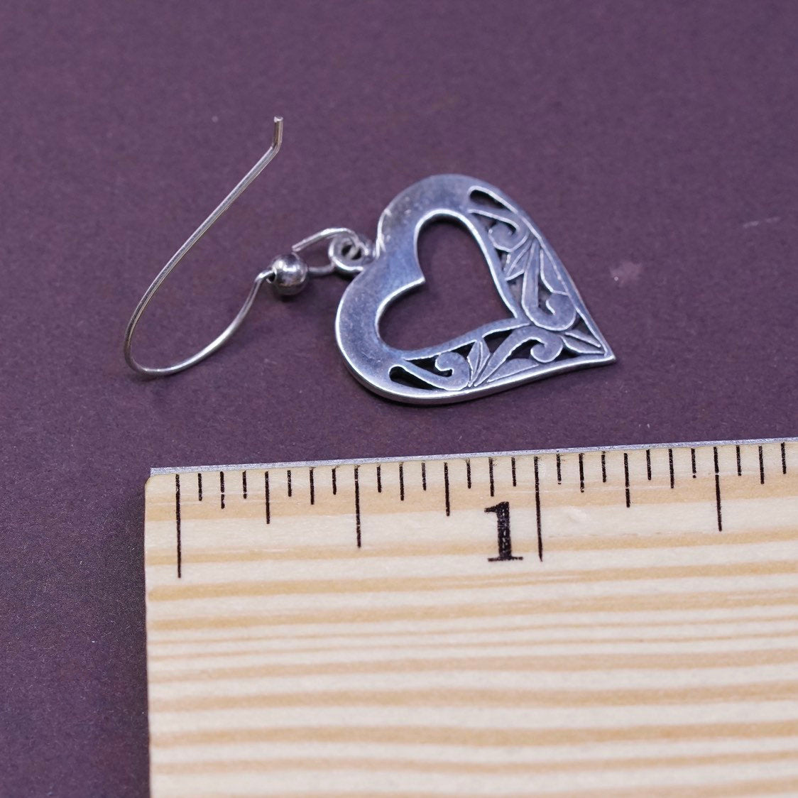 vtg Sterling silver handmade earrings, 925 filigree heart drops