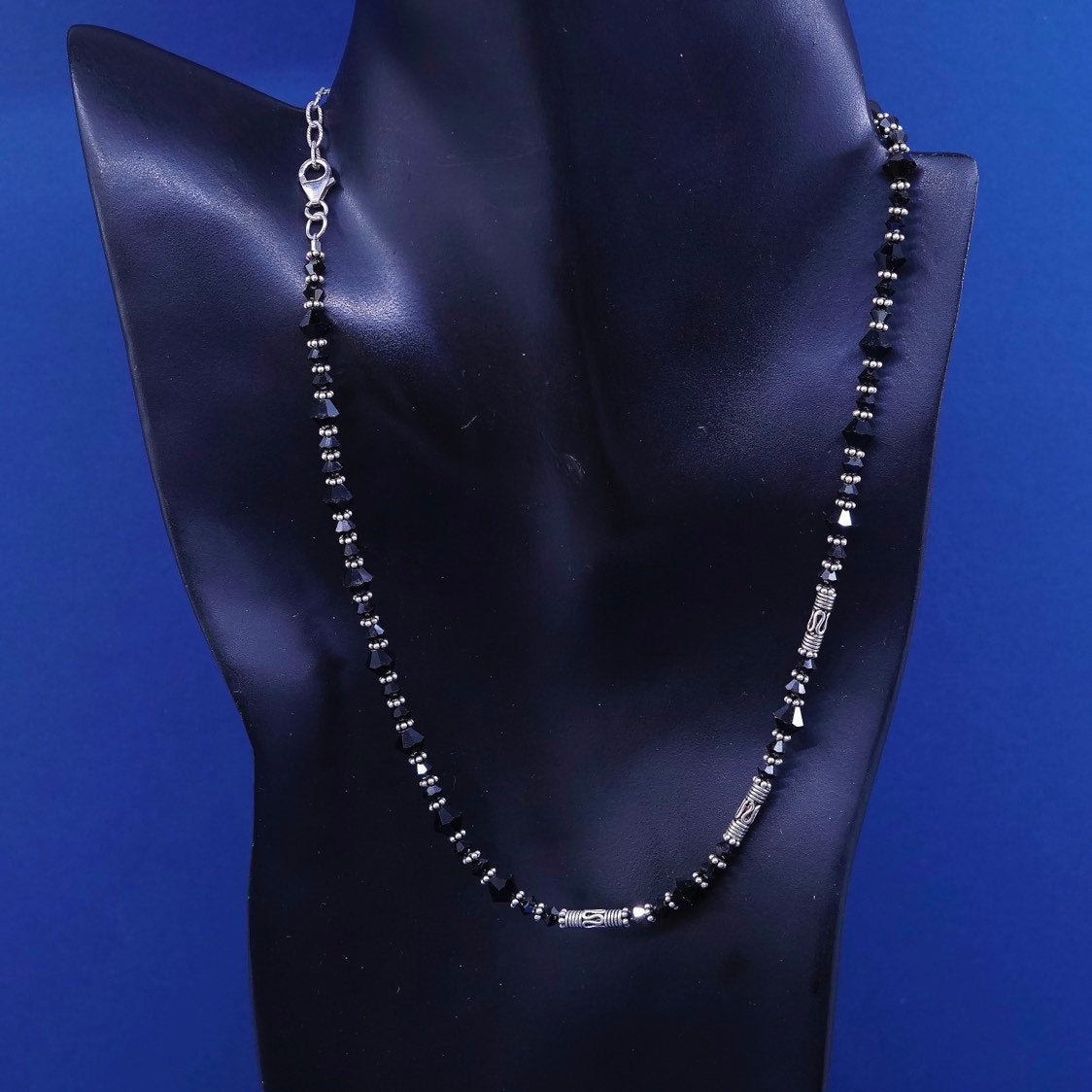 16+3”, vintage Sterling silver handmade necklace, 925 snake chain w/ obsidian