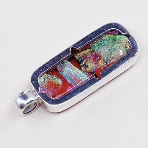 Vtg Sterling Silver Handmade Pendant, Mexico 925 Silver With Vivic Foiled Glass