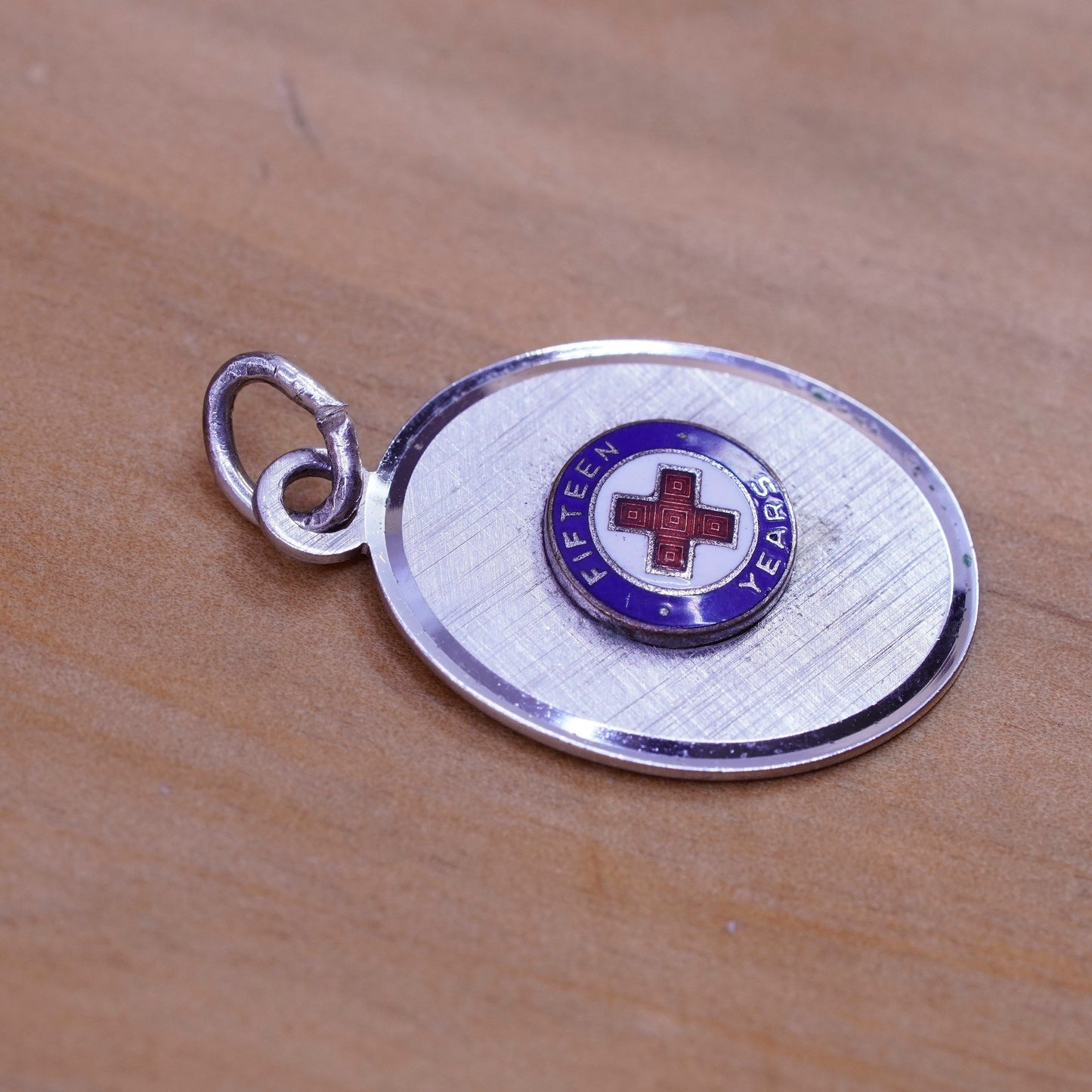 Sterling silver handmade charm, 925 enamel tag, engraved cross fifteen years