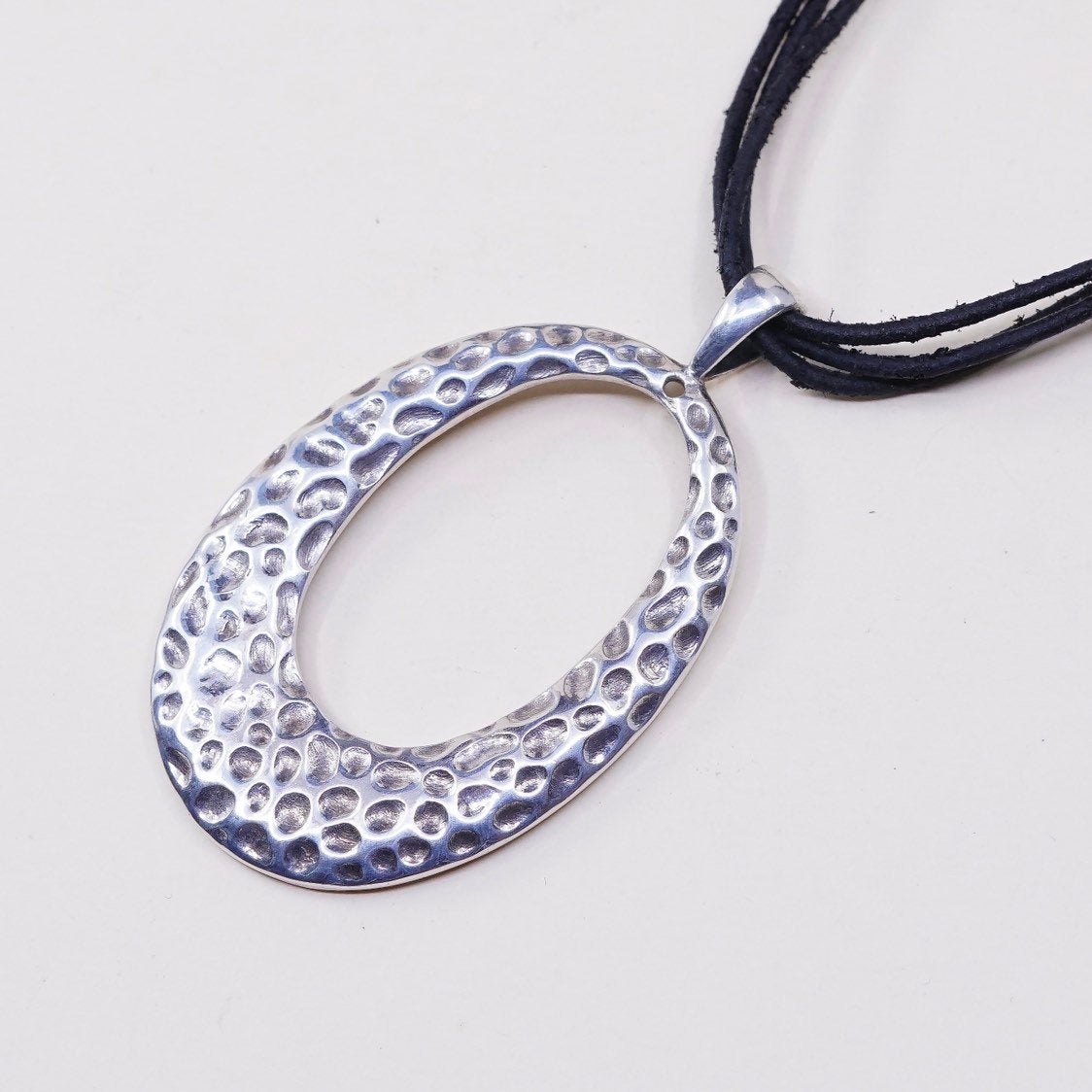 18"+2”, sterling silver handmade necklace, 925 round pendant w/ leather thread