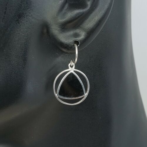 Vtg Thailand Sterling Silver Handmade Earrings, 925 Silver Circle W/ Obsidian