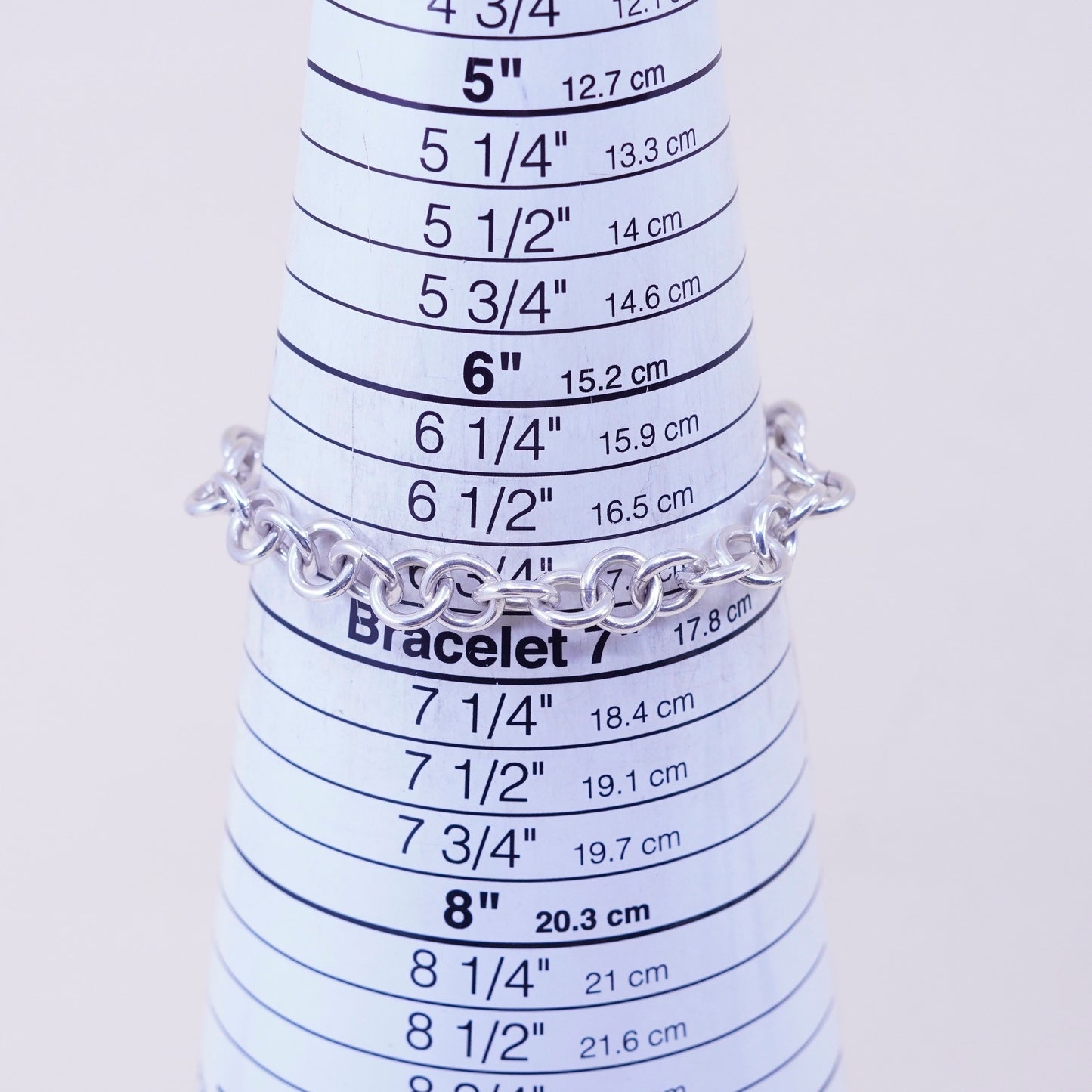 6.75”, Vintage sterling silver bracelet, handmade 925 circle chain heart charm