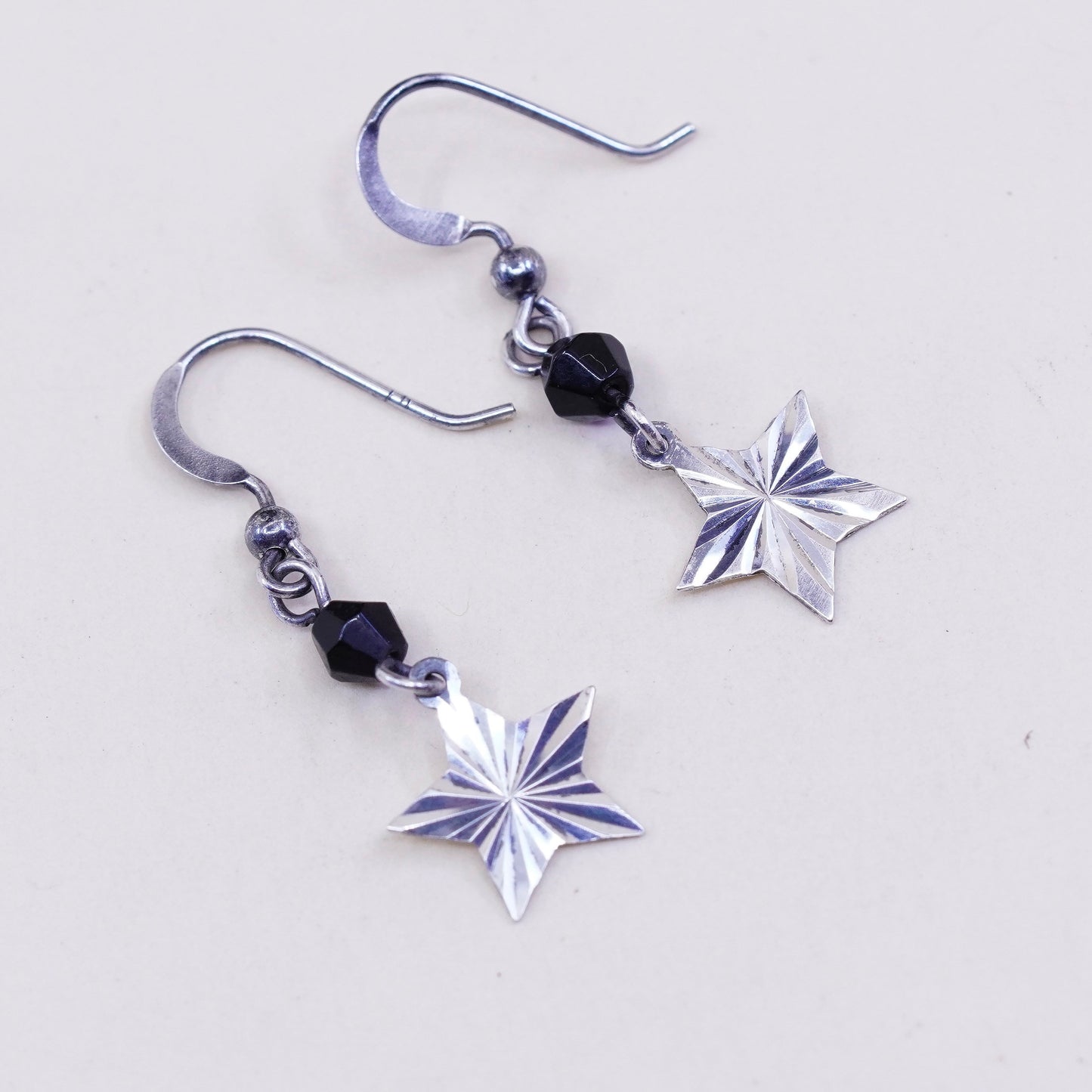 Vintage sterling silver handmade modern earrings, 925 textured star w/ crystal