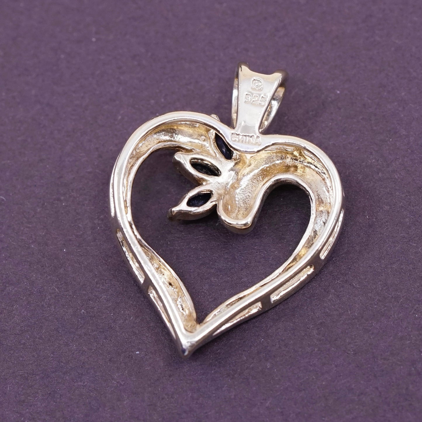 vtg vermeil gold over sterling 925 silver pendant, heart w/ sapphire N diamond