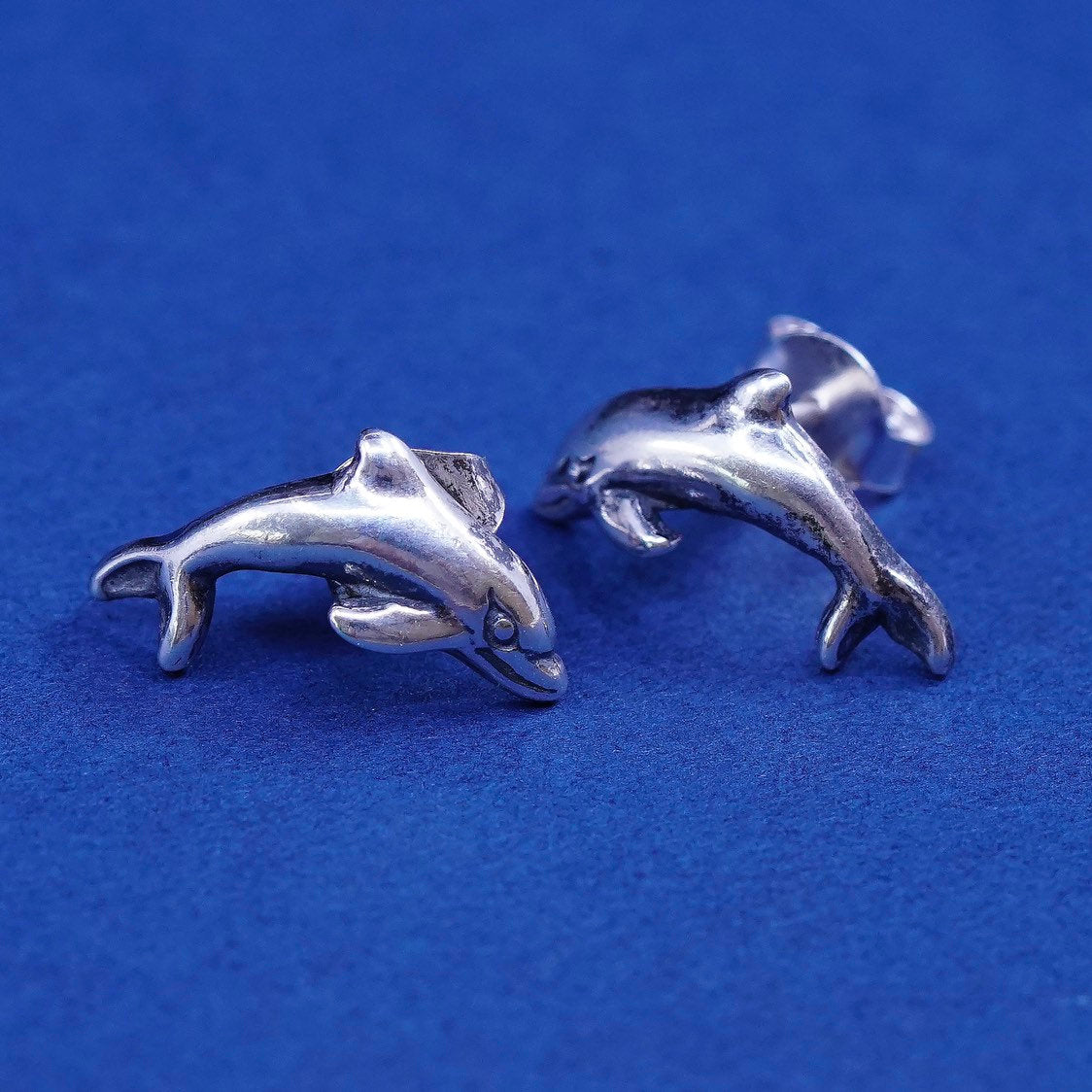 vtg Sterling silver handmade earrings, 925 dolphin studs