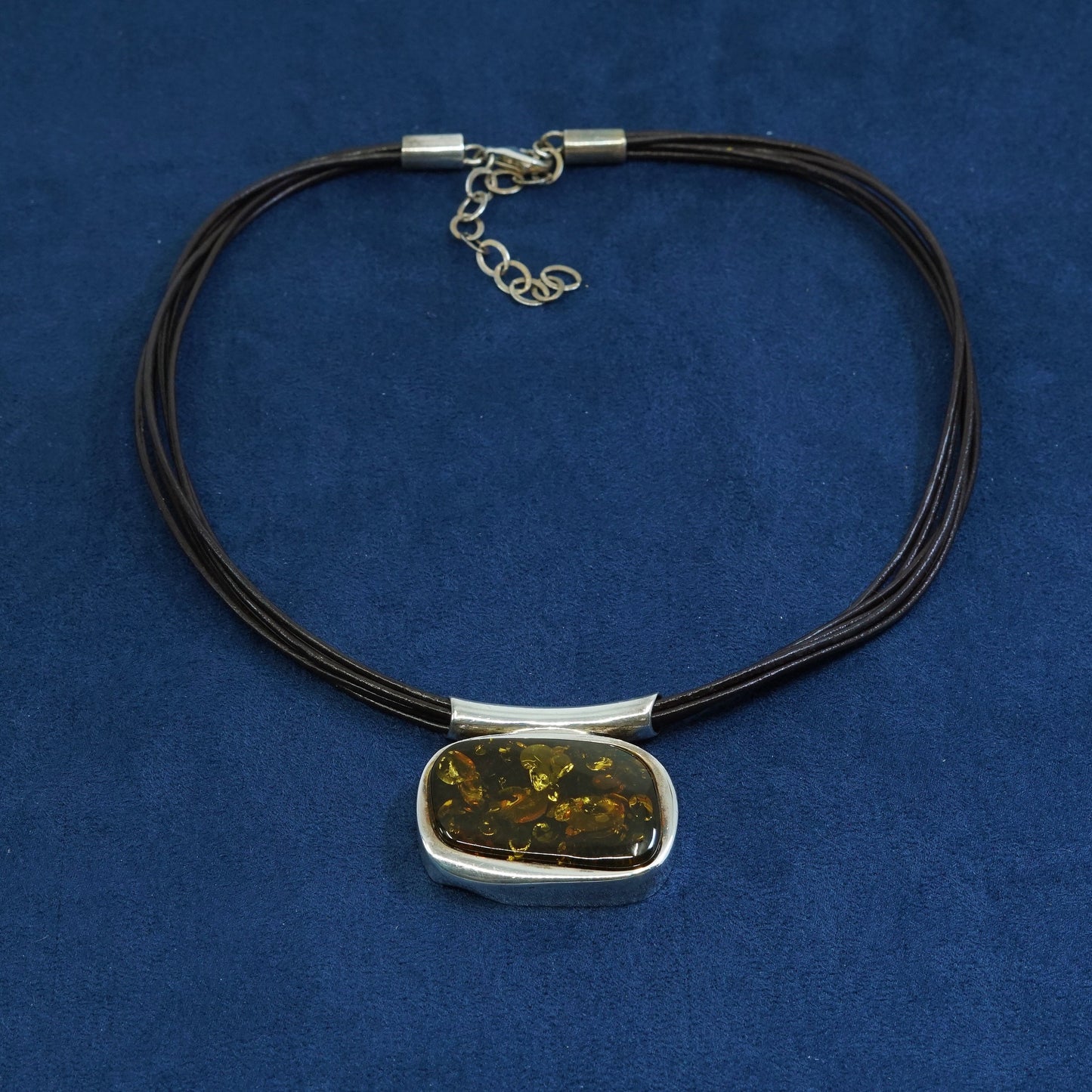 18”, vtg Sterling 925 Silver 6 strands Black Leather w/ Baltic Amber Necklace