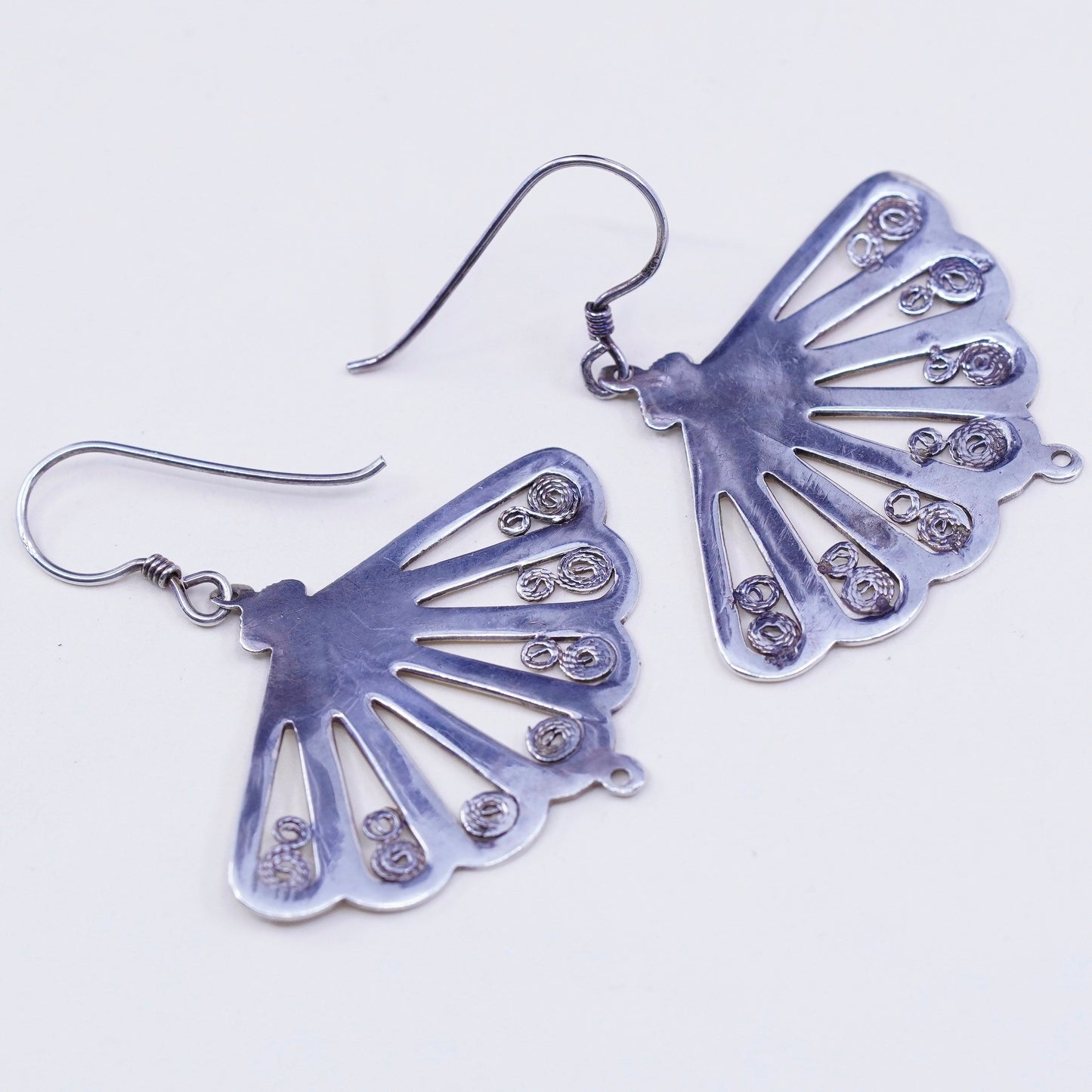 Vintage sterling silver handmade earrings 925 filigree fan dangles