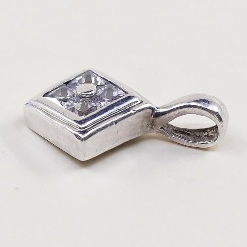 Vintage Minimalist Sterling Silver Modern Pendant, 925 w/ Cz, Stamped 925