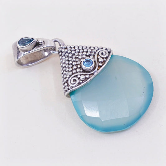 Vintage sajen Sterling 925 silver pendant with Teardrop Chalcedony and topaz