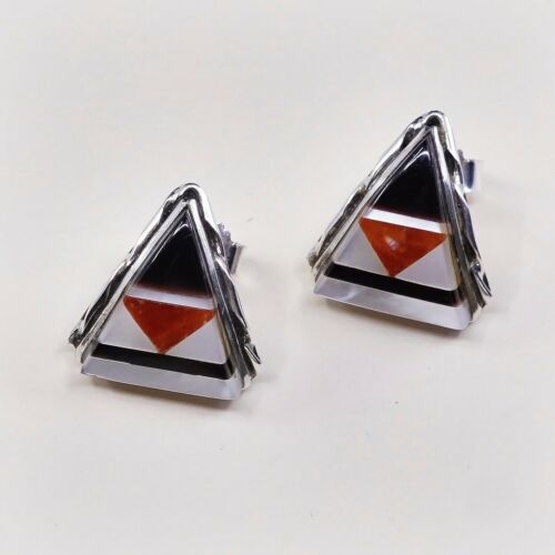 Vtg Zuni Sterling Silver Handmade Earrings, 925 Silver W/ Coral Obsidian N Mop