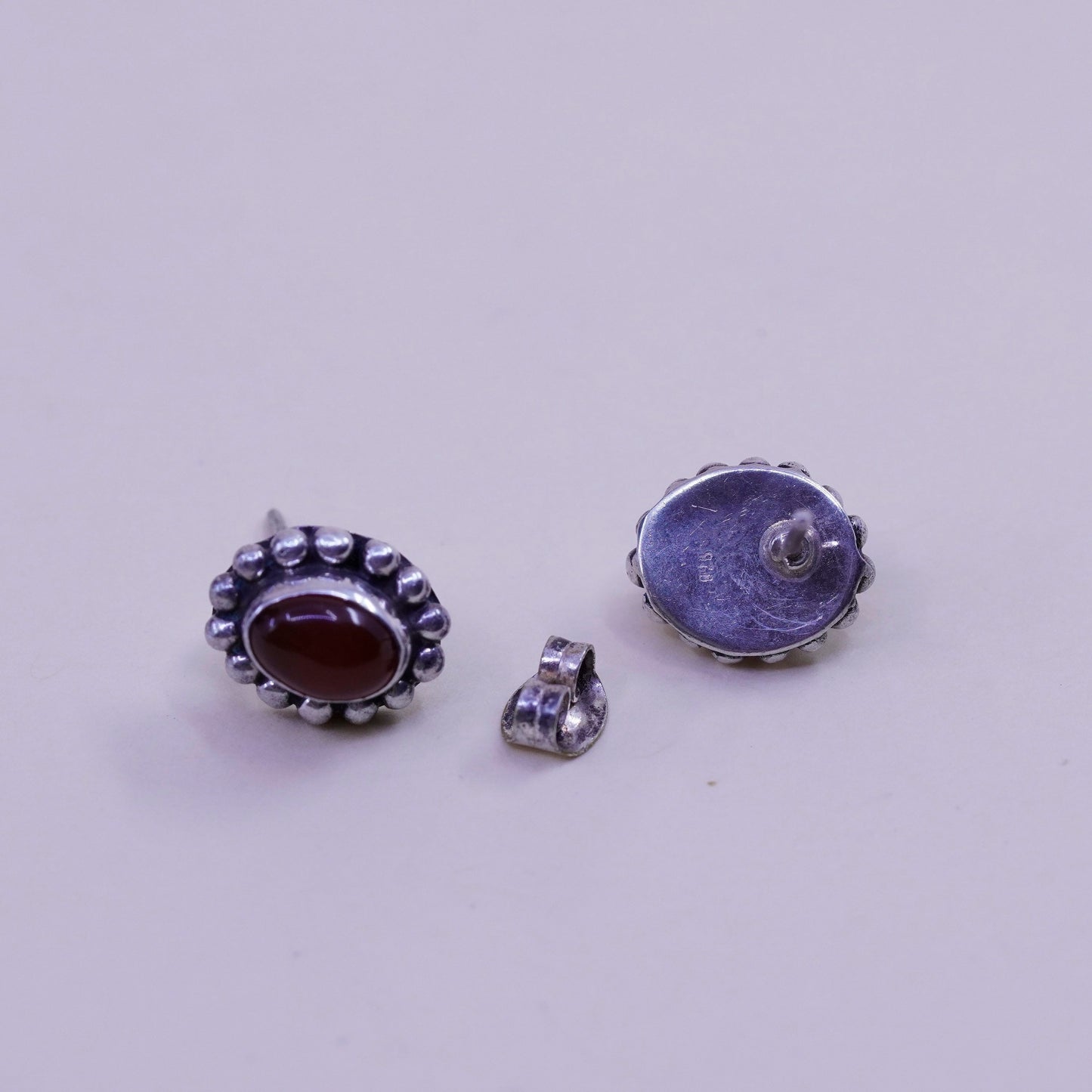 Vintage Sterling 925 silver handmade earrings, oval carnelian studs and beads